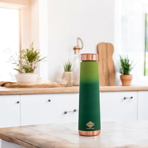 Image of INDIAN ART VILLA Pure Copper Green Pyramid Ombre Silk Finish Bottle - 800 ML, Ayurvedic Health Benefits, Ideal for Home, Office, Gym & Travel