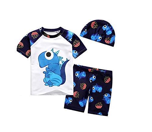 Monvecle Boys' 3-Pieces Long Sleeve Protective Rashgurad Swimsuit Set with Swim Cap UPF 50+ White 7-8Y