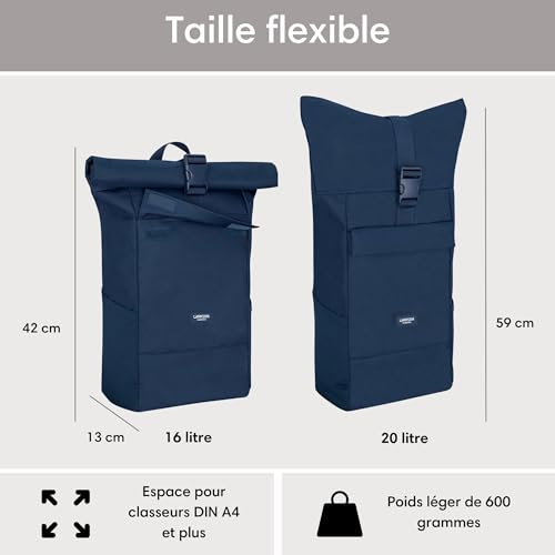 Larkson Sac à Dos Roll Top Femmes & Hommes Bleu - No 4 - Backpack pour l'École, l'Université - Compartiment Ordinateur Portable 16 Pouces - Hydrofuge – vue 3