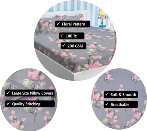 Image of HOMEKART Premium Cotton Elastic Fitted Bedsheets with 2 King Size Pillow Covers Double Bed with All Around Elastic Supersoft Size - 72 x 78 +10 inches Flower Print Pink and Grey 200 tc - 220 tc