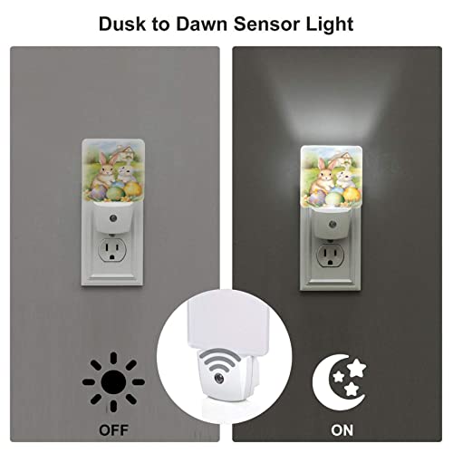 Image of Vintage Easter Bunnies Eggs Soft Night Light Set of 2, Rabbits Auto Sensor LED Dusk-to-Dawn Nightlights, Plug-in Sensor Lamp for Bedroom Bathroom Kitchen Hallway Stairs Decorative
