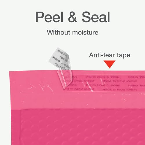 Image of Quality Park Bubble Mailers, 4 x 8 Shipping Envelopes, Self-Seal, Small Pink Padded Envelopes, Redi-Strip Peel Off Closure, 50 Per Box (QUA85917)