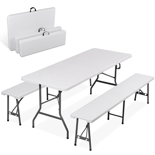 ZENY 6 Feet Picnic Table Set with 2 Benches, 3-Piece Camping Table Chair Set for Dining, Party, Garden, White