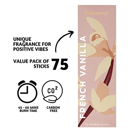 Folkulture French Vanilla Incense Sticks - Pack Of 75 Insenses For Good Vibes - Natural And Non Toxic Incents Matches - Organic & Slow Burning Insents Sticks - Boho Gift Box For Calm (French Vanilla) #TOP1