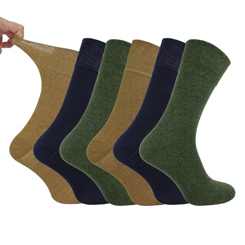 IOMI Footnurse - Calcetines para diabéticos de algodón no elásticos para hombre, 6 pares con parte superior de panal, Ocre/Azul Marino/Verde Caqui, 6-11