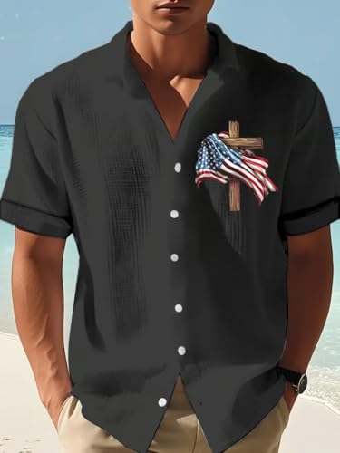 American USA Flag Cross Christian Mens 4th of July Waffle Shirt Faith Tee2