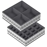 SONGMICS Lot de 2 Organisateurs de Tiroir, Boîte de Rangement pour sous-vêtements, Pliable, avec Séparateurs, pour Penderie, Slips, Chaussettes, Soutiens-Gorge, Gris et Motif Zigzag RUS002B01