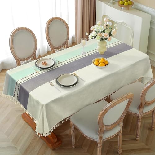 Image of Cortina Tablecloth for Dining Table Waterproof Table Cover, Cotton Linen Fabric Rectangle Tablecloth (Light Blue + Dark Grey, 6 Seater)