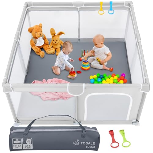 Image of TODALE Baby Playpen, Medium Playpen for Babies and Toddlers, Indoor & Outdoor Kids Activity Center, Kids Safety Play Pens Play (Light Grey, 50x50x27 Inch)