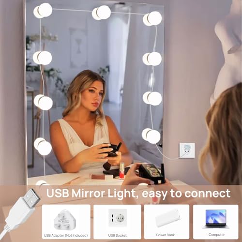 Akynite Hollywood Mirror Lights Stick on 10 Bulbs, USB Cable Adjustable, 3 Colour Changing and 10 Brightness, LED Vanity Mirror Lamp Dimmable, Makeup Lights for Dressing Table (No Adapter)