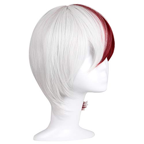 FantaLook Short Half Silver White Half Red Cosplay Wig