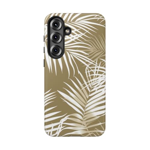 Coque Samsung S25 Plus rigide brillante avec feuilles de palmier blanches sur fond kaki