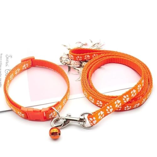 Image of YellowCult Dog /Cat Collar Leash Set with Adjustable Soft Nylon Paw Print Pet Collar for Cats, Puppies, Small Dogs, Fat Rabbits Walking Training, Bell & Quick Release Buckle Safety Lock -[Orange]