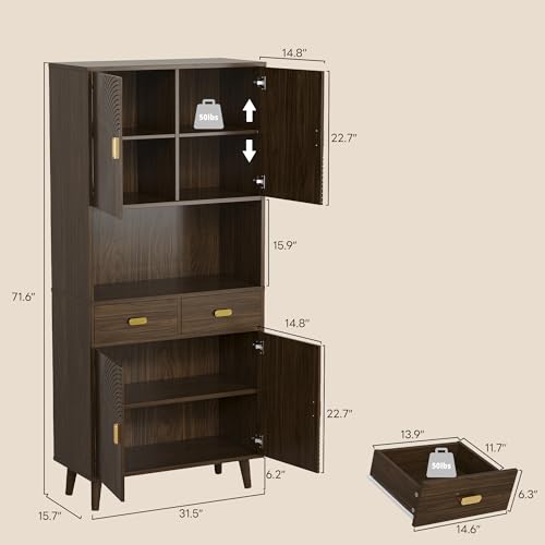 Image of LIKIMIO 71.6 inch Tall Kitchen Pantry Cabinet, Walnut Mid-Century Hutch Cabinet with Storage- 3 Adjustable Shelves, 2 Drawers, Multi-Room Pantry