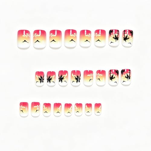 Sunset Coconut Tree Press On Nails Short Square, Pink Orange Gradient Fake Nails with Cloud and Seagull Print, Reusable Summer Beach Glue On Nails for Women, Vacationv,12Sizes-24 Nail Kit — view 3