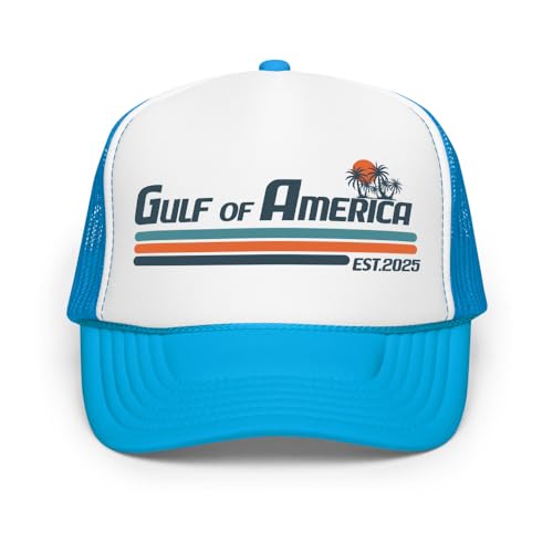 Gulf of America Trucker Hat Snapback Blue and White Patriotic Baseball Cap - Men and Women Adjustable One Size Fits Most Printed in USA Gulf of Mexico Patriot Rally Gift Republican Trump Style