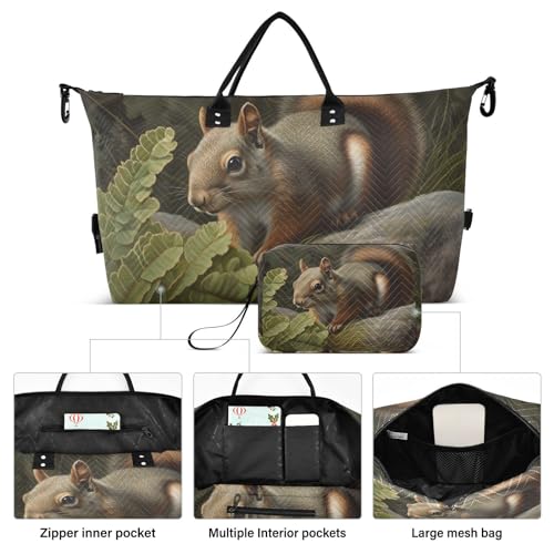 Large Travel Duffel Bag, Squirrel Leaf Sports Tote Gym Bag, Shoulder Weekender Overnight Bag for Women Men, Carry On Luggage with Toiletry Bags2