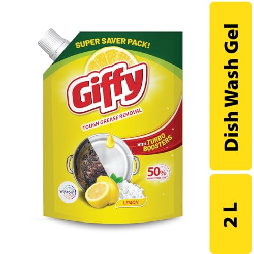 Image of Giffy Liquid Dishwash Gel 2 Litre | Lemon and Active Salt | 50% More Effective | Tough Grease Removal Expert | Turbo Boosters | Mild fragrance | Removes Tough Malodour | Hand-Safe