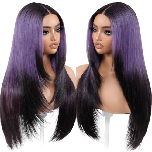 Ombre Purple Black Wear and Go Glueless Wigs Pre Plucked Pre Cut ...