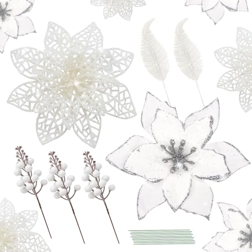 Yueshop 15PCS Christmas Artificial Poinsettia Flowers,Glitter Xmas Flowers Set with Holly Berry Stems Glitter Leaves for Christmas Tree Ornament Wedding Party Wreath Decorations(White)