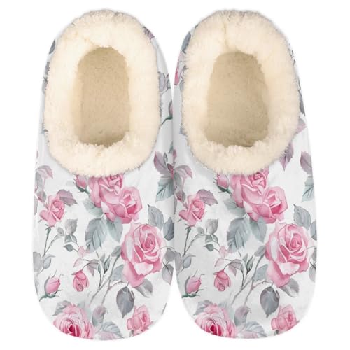 Women's Closed Back House Slippers, Rose Flower Memory Foam House Slippers Warm Cozy Anti-Skid House Shoes Fuzzy Home Slipper Shoes