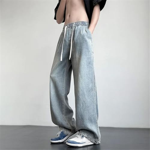Men Drawstring Straight Pant Vintage Wash Denim Streetwear Trousers Wide Leg Jeans Loose Pants3