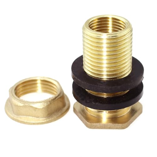 Image of 1 /2 Inch Female 3 /4 Inch Male Solid Brass Tank Connector with Threaded Bulkhead Fitting and Rubber Ring Plumbing Fitting for Water Tank Homemade Water Storage Barrels Pipe
