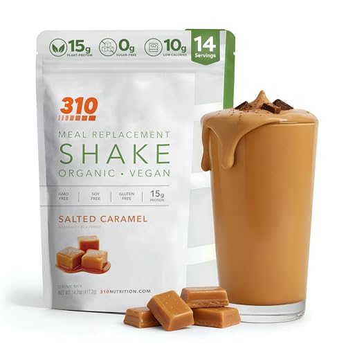 310 Nutrition Organic All-In-One Meal Replacement Shake Powder - Plant-Based Protein Smoothie Blend w/Fiber, Probiotics & Adaptogens - Low Carb, Vegan, Keto & Paleo - Caramel - 14 Servings