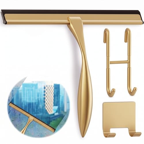 Image of Shower Door Squeegee with Hook - 14 inch Silicone Blade, Stainless Steel Gold Squeegee for Shower Glass with Adhesive Mount - All-Purpose Bathroom Tile, Mirror, & Window Wiper for Streak-Free Cleaning