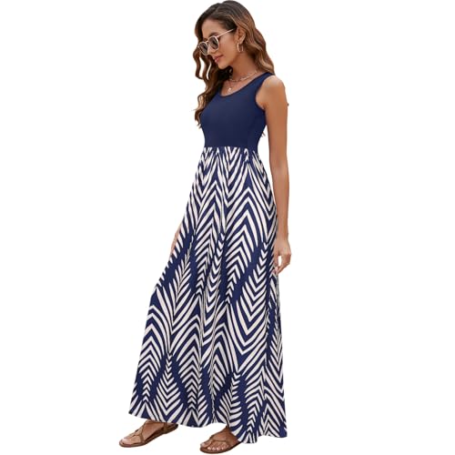 Image of Sherosa Women Boho Chevron Striped Floral Printed Summer Sleeveless Tank Long Maxi Party Dress
