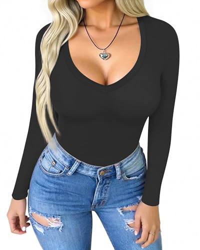 Ekouaer 3 Pack Long Sleeve Shirts for Women Deep V Neck Basic Thermal Tops Base Layer Undershirts XS-XXL2