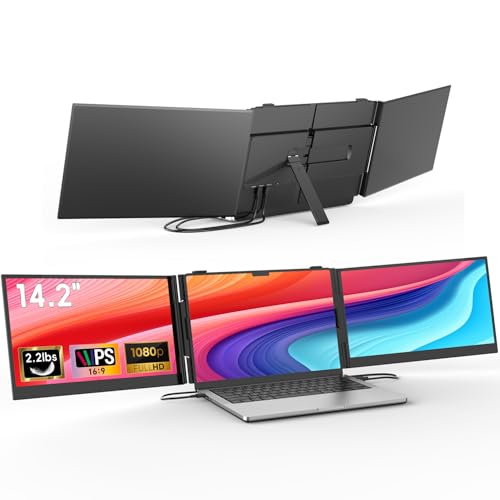 Image of 14.2 inch Triple Laptop Screen Extender, Ultra-Thin FHD 1080P IPS Portable Monitor for Laptop, Aluminum Alloy Tri-Screen Travel Monitor, Plug & Play for Windows /Mac /Chrome, Fits 13 inch-17.3 inch Laptops
