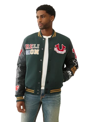 True Religion CAT Varsity Bomber Jacket for Men - Premium Cotton & PU, Iconic Varsity Outerwear | Green Gables/Jet Black, Medium