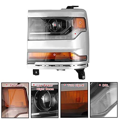 Roxx Headlight Assembly Fits For 2016-2019 Chevy Silverado 1500 [Hid/Xenon Type] Projector Chrome Headlights With Led Parking Lamp, 16-19 Chevy Silverado 1500 Headlights Assembly Replacement 1 Pair #TOP3