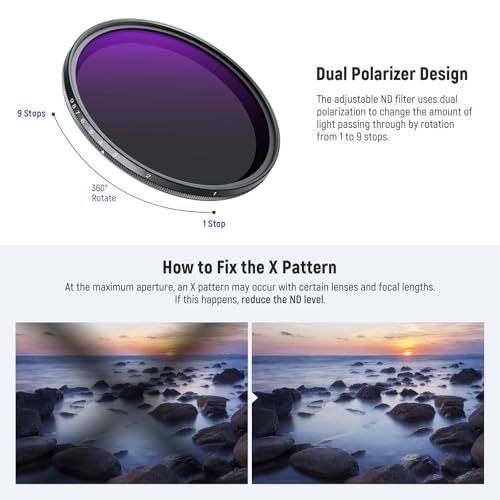 NEEWER 67mm ND2-400 (1-9 Stop) Variabler ND Filter mit Objektivdeckel Trageband Reinigungstuch präziser Einstellung der Neutraldichte Graufilter Fingerabdruck Kratzfest mehrschichtiges optisches Glas