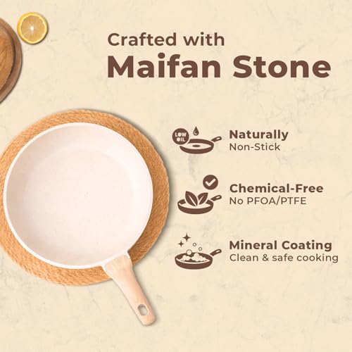 Image of Homero Non Stick Maifan Frying Pan with Lid, Non Stick Pan with Non-Toxic Coating, Granite Skillet with Anti-Scald Handle, Omelet Pans, Egg Pan Cookware, PFOS & PFOA Free (24cm, Maifan Stone)