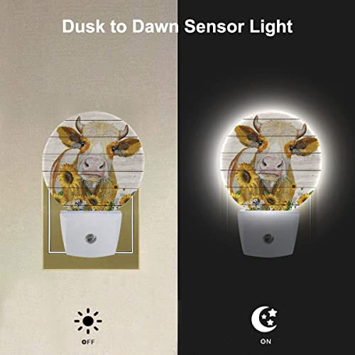 Image of EKOBLA Rustic Farmhouse Night Light, Cattle Yellow Sunflower Night Lights Plug Into Wall with Dusk to Dawn Light Sensors, Warm Nightlights for Bedroom, Hallway, Kitchen