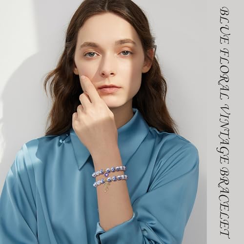 Beads Bow Charm Bracelet for Women Blue Flower Vintage Handmade Stretch Bracelet Evil Eye Italian Horn Beaded Romantic Dainty Jewelry2