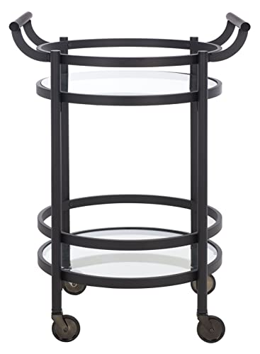 Safavieh Home Collection Sienna Matte Black/Black Nickel Trim Handle/Tempered Glass 2-Tier Round Bar Cart #TOP2
