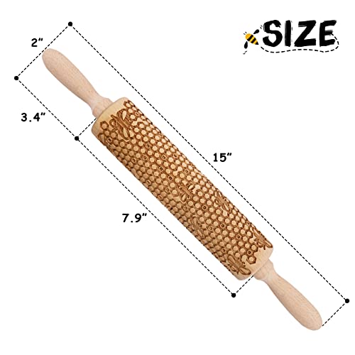 Kitticcino Embossed Wooden Rolling Pin Honeycomb Cookie Decorating Supplies Engraved Embossing Rolling Pin 3D Bee Pattern For Baking Cookies Holiday Housewarming Gift Kitchen Tool For Kids And Adults #TOP3