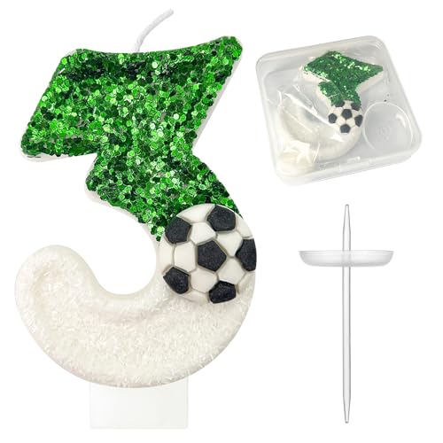 JonesLi Birthday Candles，Soccer Birthday Decorations，Soccer Cake Topper,for Girl and boy Cake Toppers, Wedding Cakes, Anniversaries, Party Celebrations, Birthday Decorations (Green White, Number 3)