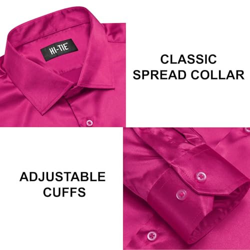Image of Hi-Tie Men's Silk Satin Dress Shirts Long Sleeve Shiny Casual Button Up Shirts Luxury Party Disco Prom Wedding Shirt