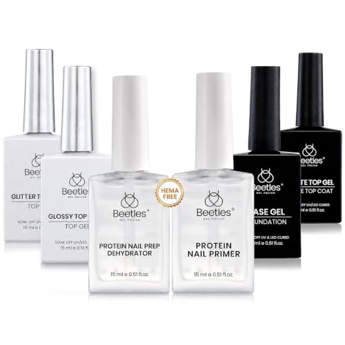Beetles 6 Pcs Gel Base and Top Coat Set with Protein Nail Prep Primer 15ml