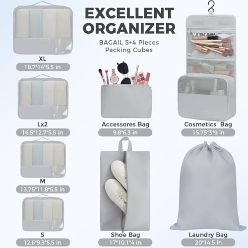 Image of BAGAIL 9 Set Packing Cubes with Packing List Luggage Packing Organizers for Travel Accessories (Light Grey)