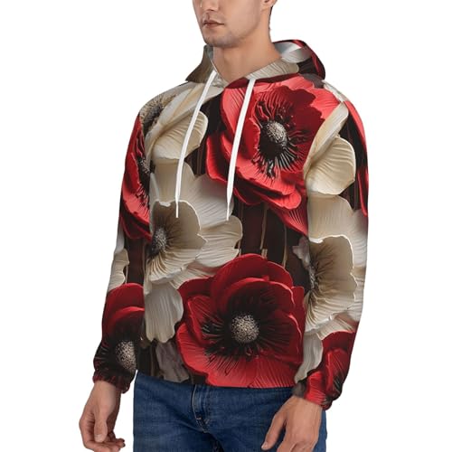 Men's Fleece Pullover Hoodie Long Sleeve Hooded Red and White Flowers Sweatshirt Casual Shirts With Pockets3