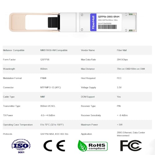 Image of 200G QSFP56 SR4 PAM4 Optical Transceiver Module,Compatible with NVIDIA /Mellanox MMA1T00-HS, 200G Infiniband HDR 200GBASE-SR4 850nm 100m MPO-12 APC OM3 /OM4 FEC