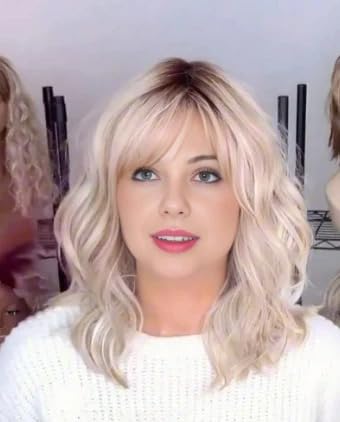 WIGYY Blonde Wavy Wig with Bangs for Women – Medium Length Synthetic Lace Front Wig, Heat-Resistant Natural Look Hair, Glueless Cap for Daily Wear