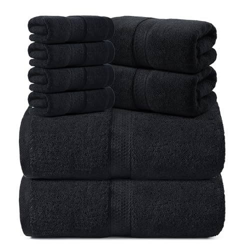 REDKISS 8 Piece Cotton Towel Sets for Bathroom - 2 Oversized Bath Sheets (35x70 in) 2 Hand 4 Washcloth Super Soft Quick Dry Highly Absorbent Balck Bath Towel Set for Home Gym Dorm Spa