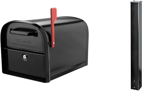 Architectural Mailboxes 6300B-10 Oasis 360 Buzón de paquete con bloqueo, extra grande, negro y correo Boss 7121, poste de montaje negro en el suelo,