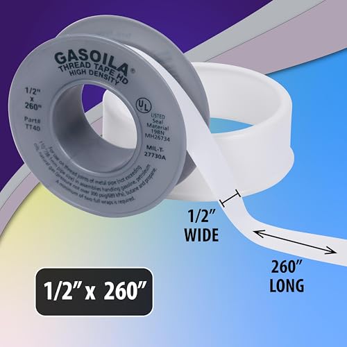 Image of Gasoila PTFE Thread Seal Tape - Professional-Grade, 1 /2 Inch x 260 Inch, High-Density Thread Tape for Plumbing, HVAC, Gas Lines, Water Pipes, and Air Compressors - Leak-Proof Seal, Non-Toxic